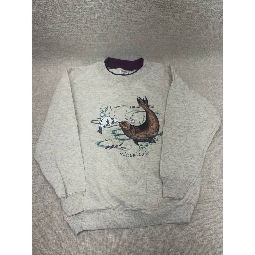 Vintage Alore Seal it with a Kiss Sweatshirt Kids 6-8 Gray‎ Made in USA 90s